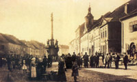 Velké náměstí s Mariánským sloupem, radnicí a trhem (1899)